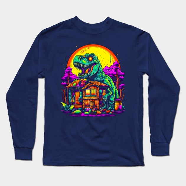 Trippy Night of the T-Rex Dinosaur Attack Long Sleeve T-Shirt by vystudio